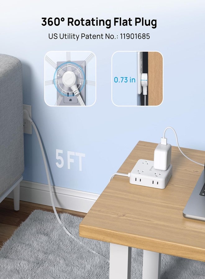 TROND 360° Rotating Plug Power Strip, 5FT Flat Extension Cord with Multiple Outlets 4 USB (2 USB C), Wall Mount Surge Protector 1440 Joules for Home Office Travel Dorm Room Essentials, White - Image 2