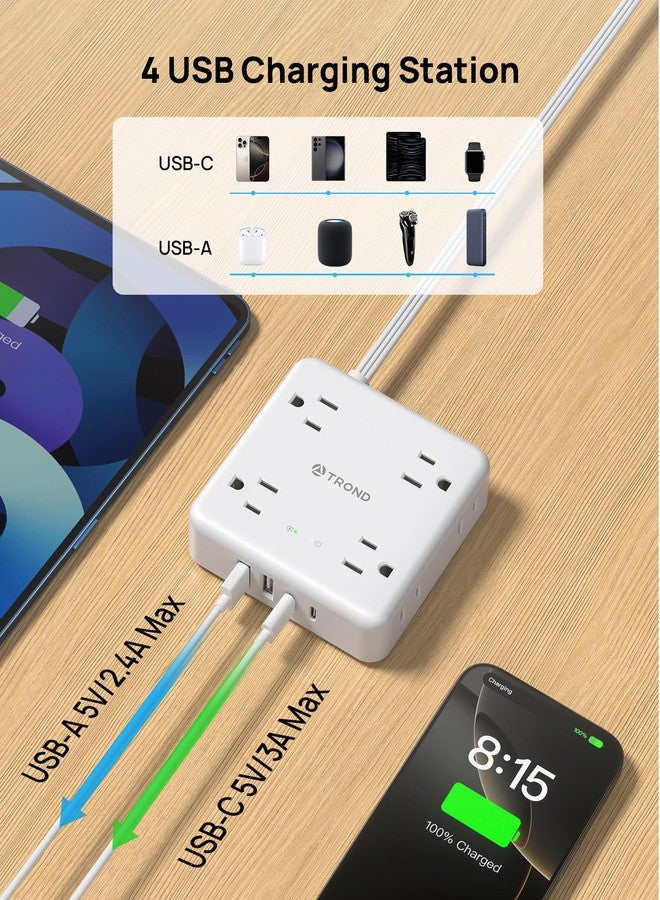 TROND 360° Rotating Plug Power Strip, 5FT Flat Extension Cord with Multiple Outlets 4 USB (2 USB C), Wall Mount Surge Protector 1440 Joules for Home Office Travel Dorm Room Essentials, White - Image 4