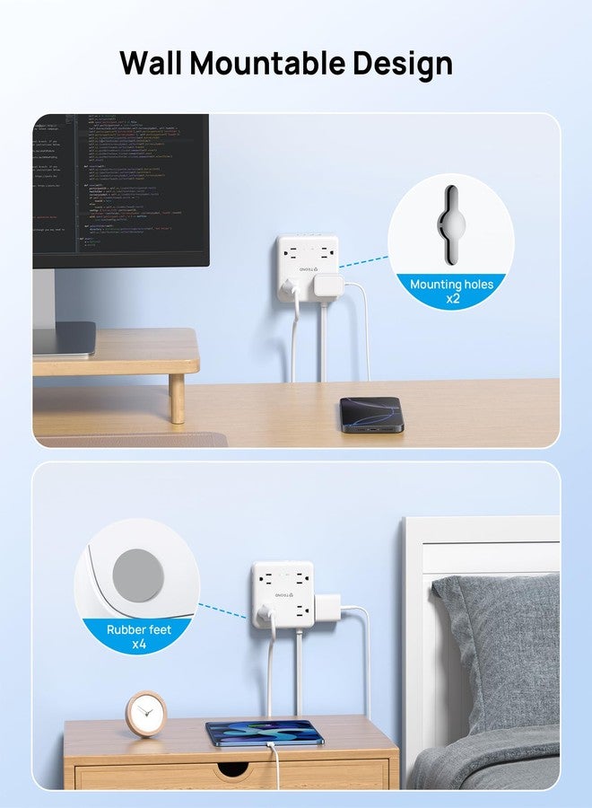 TROND 360° Rotating Plug Power Strip, 5FT Flat Extension Cord with Multiple Outlets 4 USB (2 USB C), Wall Mount Surge Protector 1440 Joules for Home Office Travel Dorm Room Essentials, White - Image 5