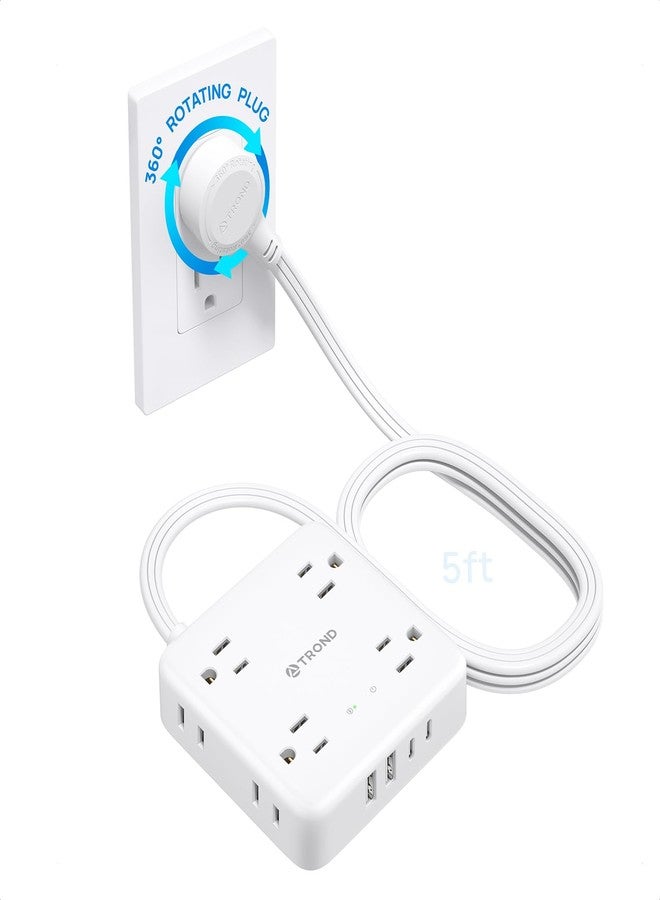 TROND 360° Rotating Plug Power Strip, 5FT Flat Extension Cord with Multiple Outlets 4 USB (2 USB C), Wall Mount Surge Protector 1440 Joules for Home Office Travel Dorm Room Essentials, White - Image 1