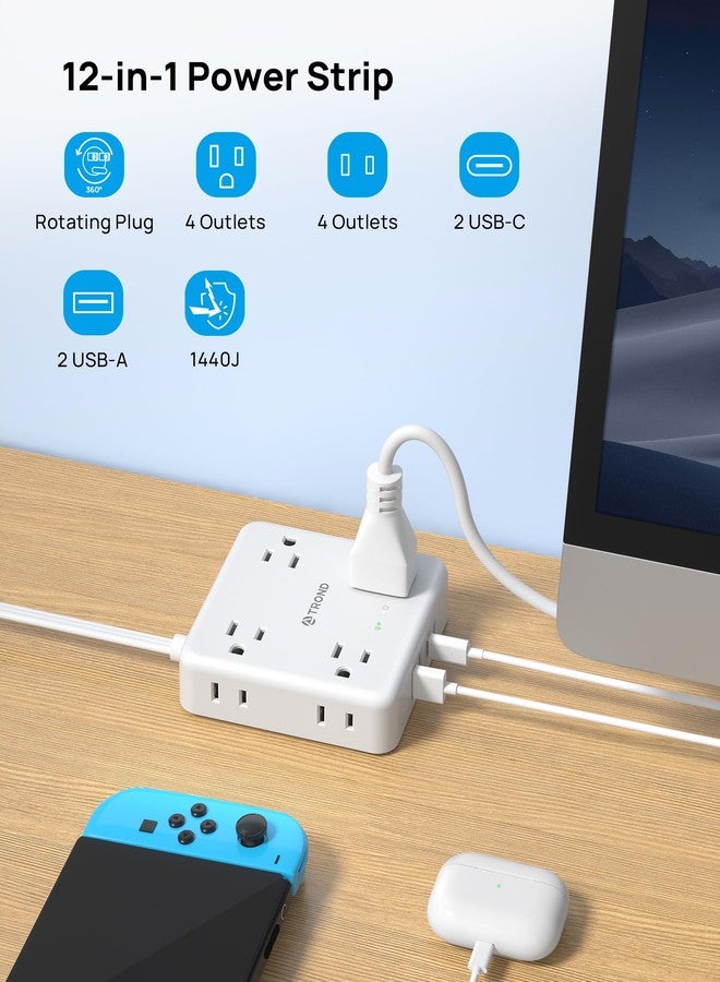 TROND 360° Rotating Plug Power Strip, 5FT Flat Extension Cord with Multiple Outlets 4 USB (2 USB C), Wall Mount Surge Protector 1440 Joules for Home Office Travel Dorm Room Essentials, White - Image 3