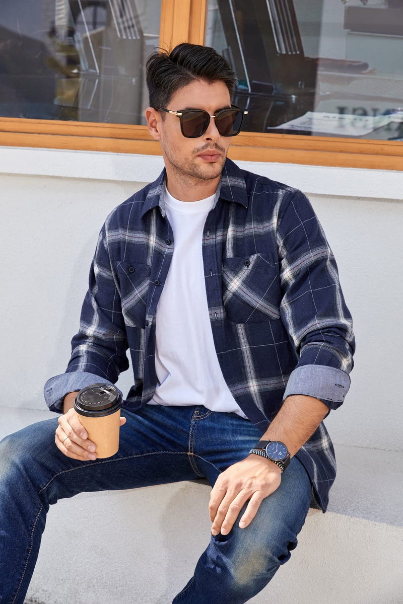 Alex Vando Mens Button Down Shirts Regular Fit Long Sleeve Casual Plaid Flannel Shirt,Royal/White,L - Image 3