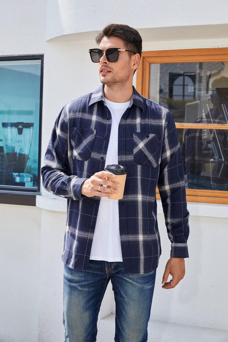 Alex Vando Mens Button Down Shirts Regular Fit Long Sleeve Casual Plaid Flannel Shirt,Royal/White,L - Image 2