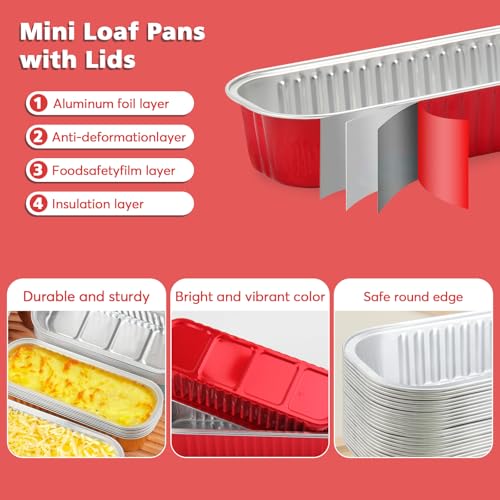 Ruckae 100 Pack Mini Loaf Pans with Lids and Spoons Stickers Disposable Aluminum Tin Foil Pans Rectangle Mini Loaf Cake Pan for Baking,Party,Picnics,Gifts(Red) - Image 3