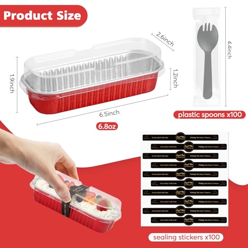 Ruckae 100 Pack Mini Loaf Pans with Lids and Spoons Stickers Disposable Aluminum Tin Foil Pans Rectangle Mini Loaf Cake Pan for Baking,Party,Picnics,Gifts(Red) - Image 2