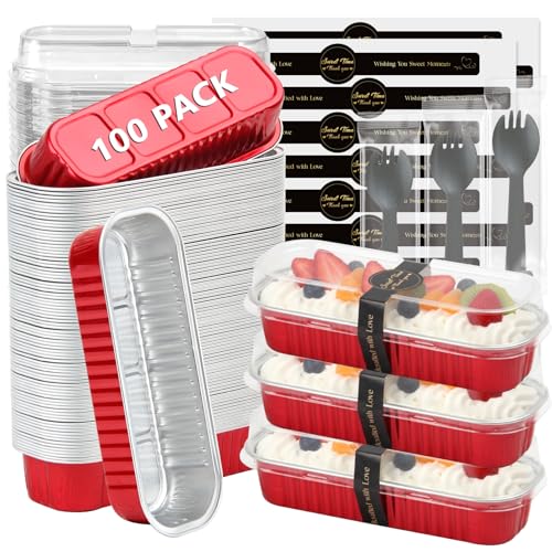 Ruckae 100 Pack Mini Loaf Pans with Lids and Spoons Stickers Disposable Aluminum Tin Foil Pans Rectangle Mini Loaf Cake Pan for Baking,Party,Picnics,Gifts(Red) - Image 1