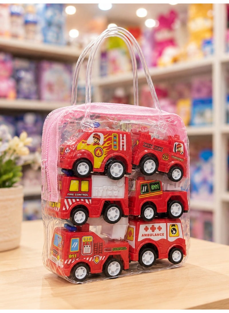 6 Pcs Mini Fire Truck Toy Set for Kids - Friction Powered Fire Engine & Rescue Vehicles with Clear Carrying Bag - Push and Go Emergency Play Set for Toddlers