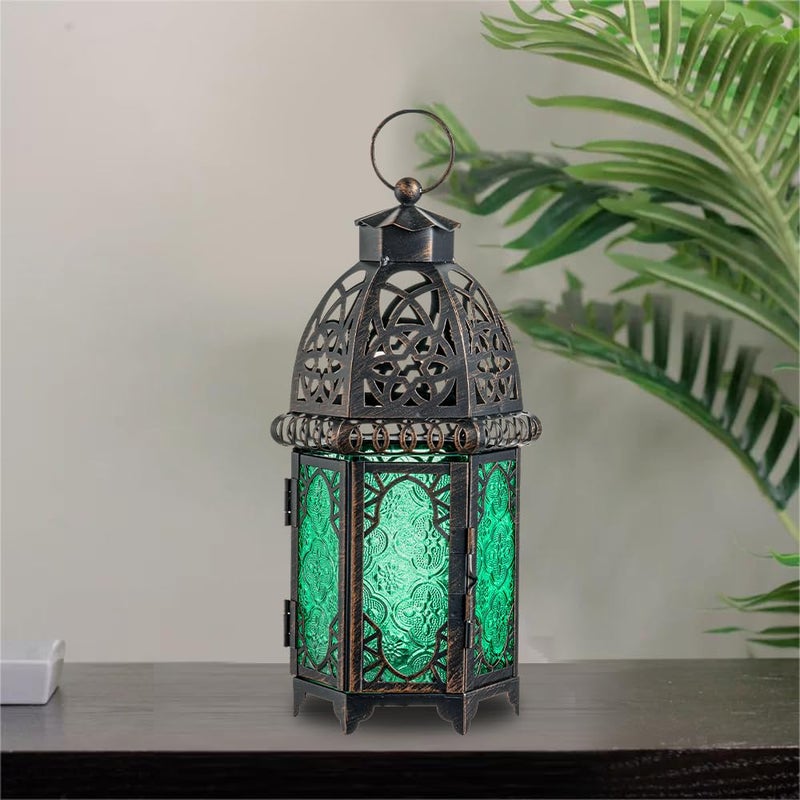 NEEDOMO Hanging Moroccan Lantern, 12.8'' Vintage Candle Holder, Metal Lanterns Decorative Indoor Outdoor, Table, Patio, Porch, Shelf, Gothic Home Decor (Green, Large Size) - Image 2