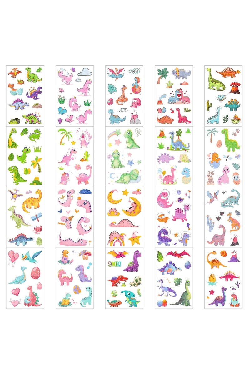 قوس قزح أورينبو مجموعة ملصقات وشم مؤقتة لامعة على شكل ديناصور للأطفال مكونة من 20 ورقة، ملصقات وشم لامعة مقاومة للماء، وشم ديناصورات ملونة، لوازم حفلات أعياد الميلاد - Image 3