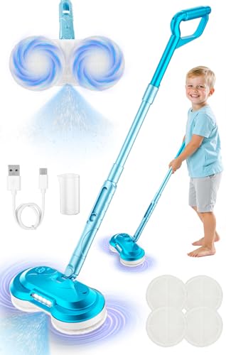BLAXTEM Kids Electric Spray Spin Mop Toy Rechargeable Cordless Electric Mop W LED Headlight Water Sprayer for Children Ages 3 4 5 6 Boys Girls Cleaning Toy for Pretend Play Light Blue - Image 1