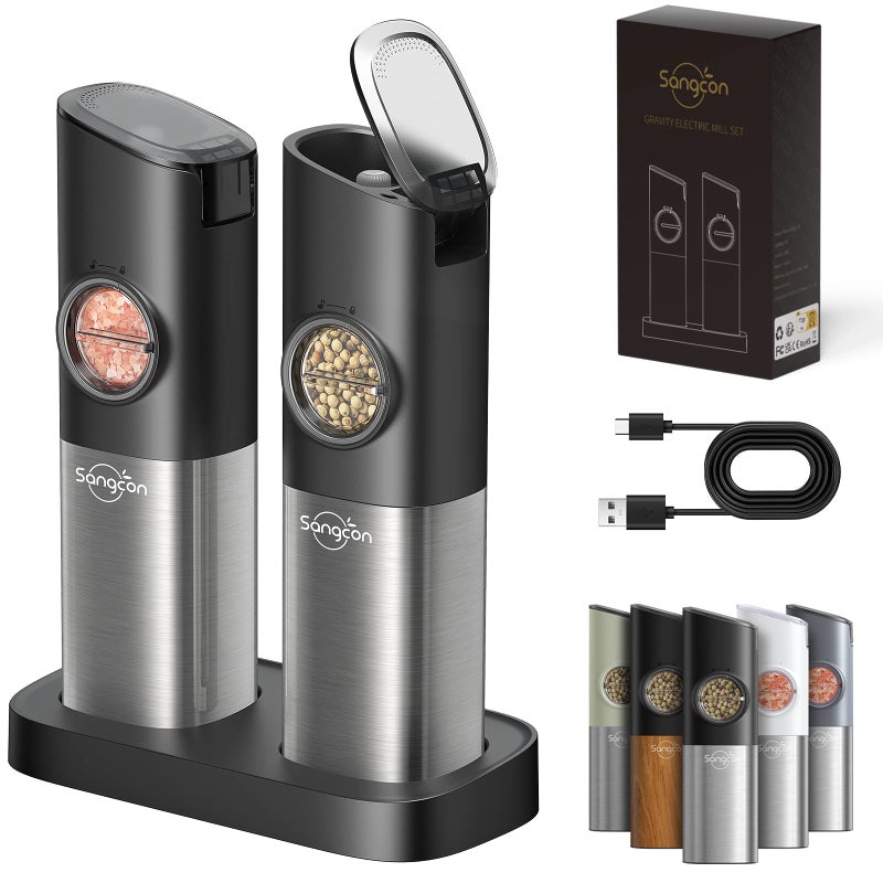 Sangcon Gravity Electric Salt and Pepper Grinder Set Upgraded Larger Capacity USB Rechargeable With Dual Charging Base  Automatic One Hand Operation  Adjustable Coarseness  LED Light Refillable