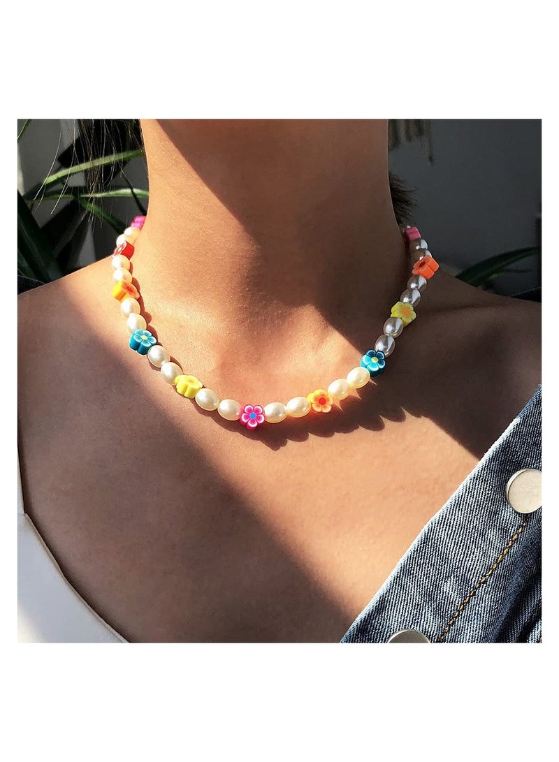 SYOSI Handmade Daisy Flower Necklace, Simulated Pearl Necklace Choker, Colorful Beaded Necklace with Bead Flower, Summer Beach Rave Party Necklace for Women Girls Jewelry Gift - Image 3