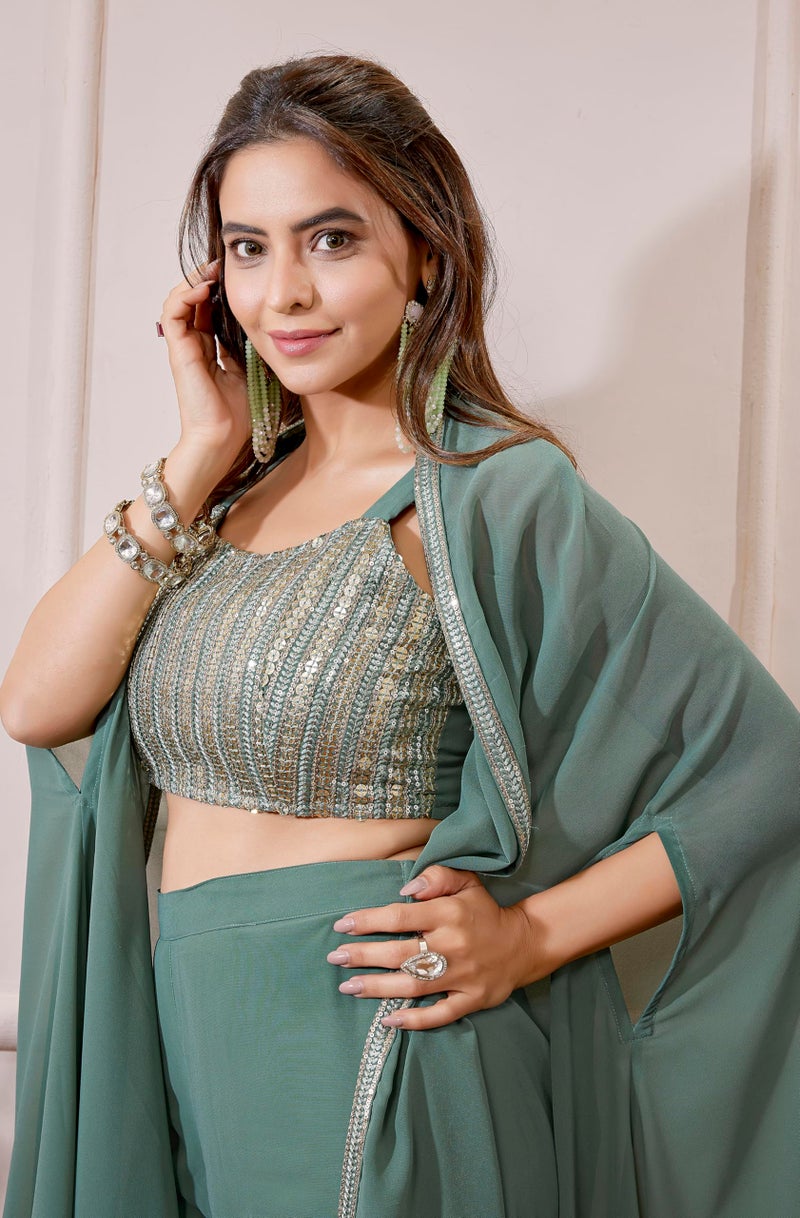 Janasya Women Sage Green Sequined Printed Georgette Top & Sharara Set with Cape Latest Style - Image 5