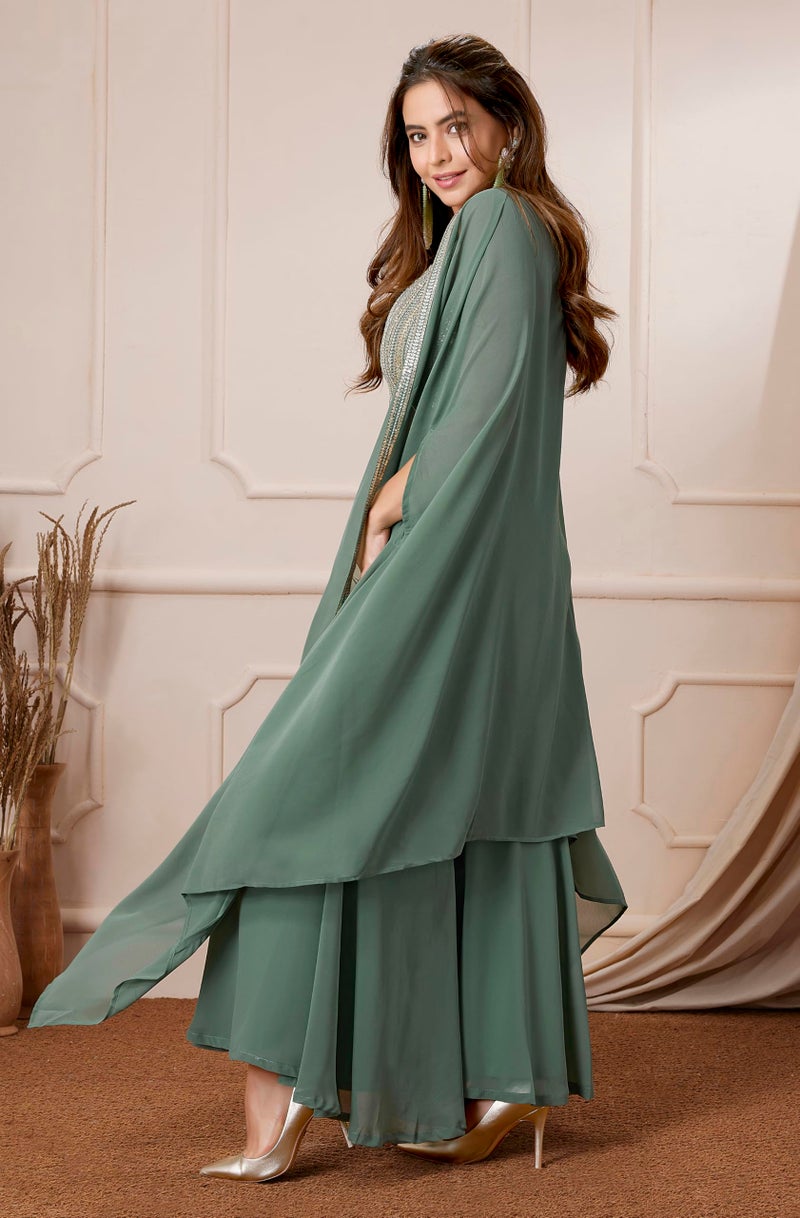 Janasya Women Sage Green Sequined Printed Georgette Top & Sharara Set with Cape Latest Style - Image 4