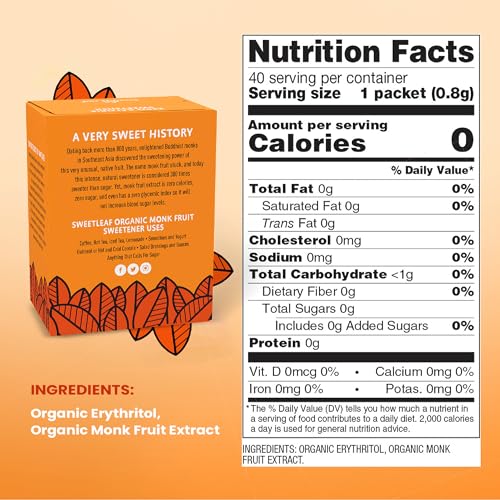 SweetLeaf Organic Monk Fruit Sweetener, Granular - Keto Friendly Natural Sugar Substitute for Coffee, Tea, and Baking, Zero Calorie, Organic Monk Fruit, Non GMO, Sugar Free - 40 Individual Packets - Image 2