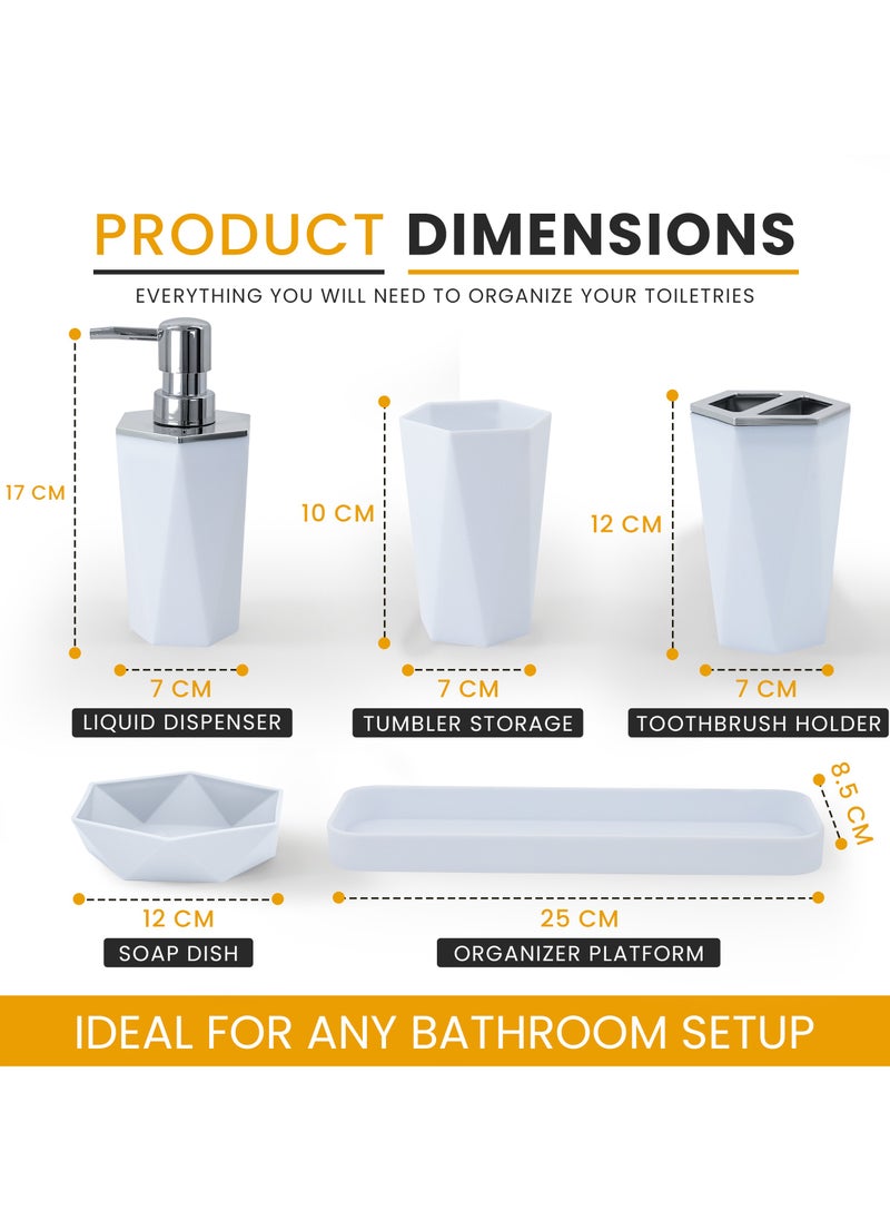 AC&L - AC&L Bathroom Accessories Set, 5 Pcs Plastic Bathroom Counter Vanity Set, Liquid Soap Dispenser, Toothbrush Holder, Soap Dish, Q tips Tumbler, Vanity Tray, Modern Bathroom Decor Organizer (White) - Image 1
