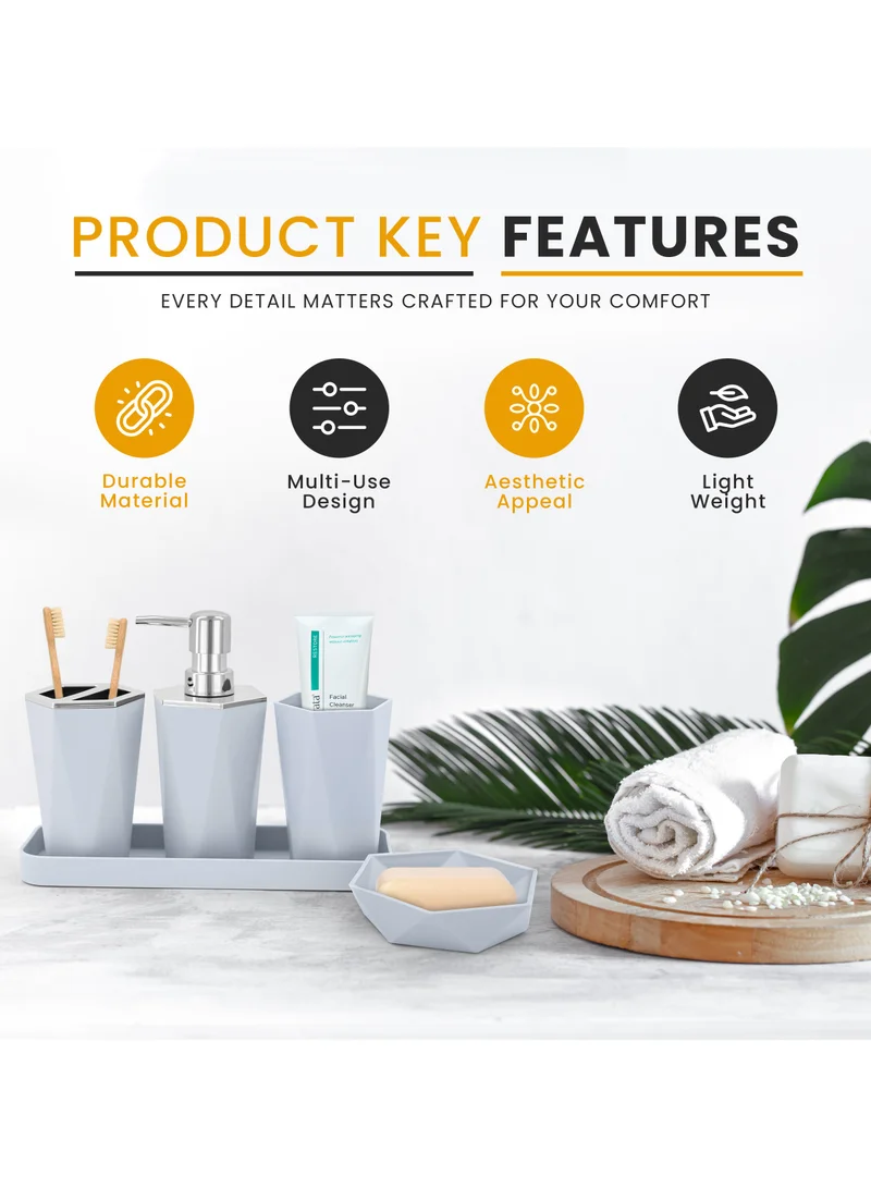 AC&L AC&L Bathroom Accessories Set, 5 Pcs Plastic Bathroom Counter Vanity Set, Liquid Soap Dispenser, Toothbrush Holder, Soap Dish, Q tips Tumbler, Vanity Tray, Modern Bathroom Decor Organizer (White)