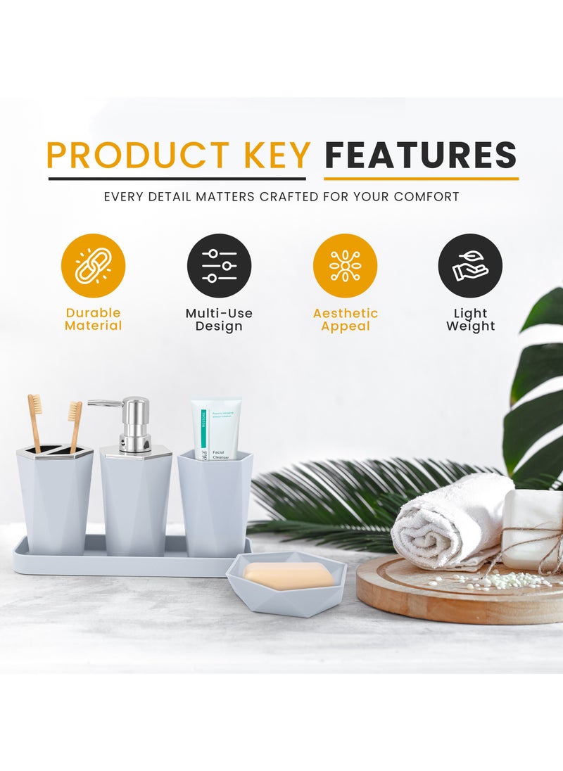 AC&L - AC&L Bathroom Accessories Set, 5 Pcs Plastic Bathroom Counter Vanity Set, Liquid Soap Dispenser, Toothbrush Holder, Soap Dish, Q tips Tumbler, Vanity Tray, Modern Bathroom Decor Organizer (White) - Image 1