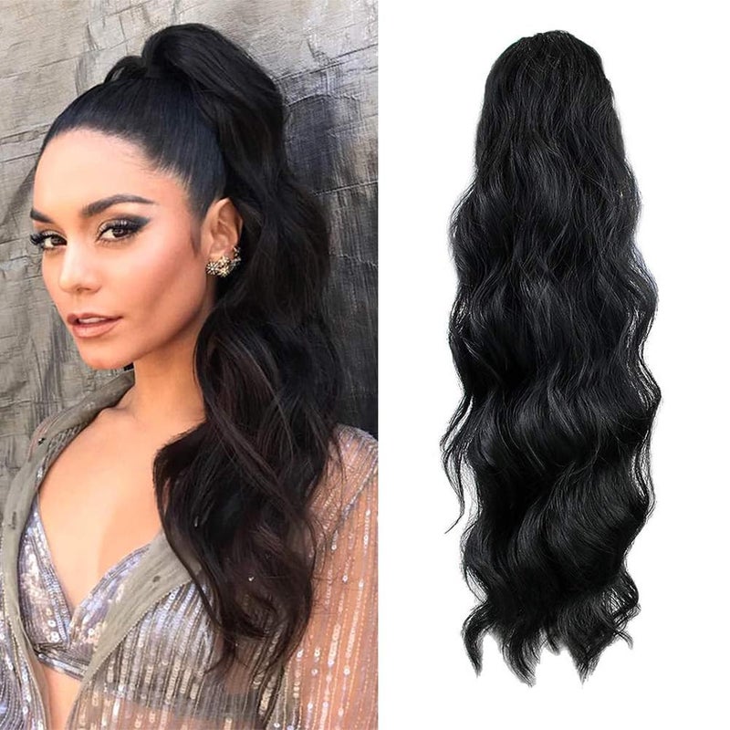 KETHBE KETHBE 24 Inch Long Body Wave Ponytail hair Extension Synthetic Heat Resistant Wrap Around Drawstring Curly Wavy Ponytail Hairpieces for WomenBlack 