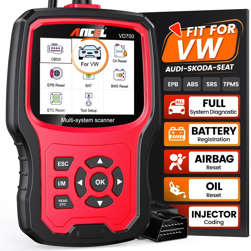 Ancel ANCEL VD700 All System OBD2 Scanner with 8 Special Functions fit for VAG Audi VW Seat Skoda Vehicles Diagnosis Code Reader Oil TPMS EPB TPS Reset Injector Adaptation Steering Angle Learn DPF Scan Tool - Image 1