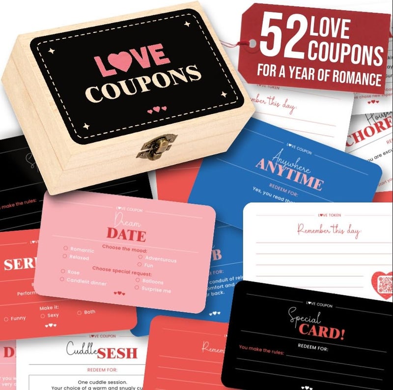 STOFINITY 52 Love Coupons for Him Couples Coupon Book for Boyfriend Husband Blank Coupon Cards Valentines Day Gifts for Girlfriend Romantic Love Vouchers Cards Box Anniversary Keepsake Gift