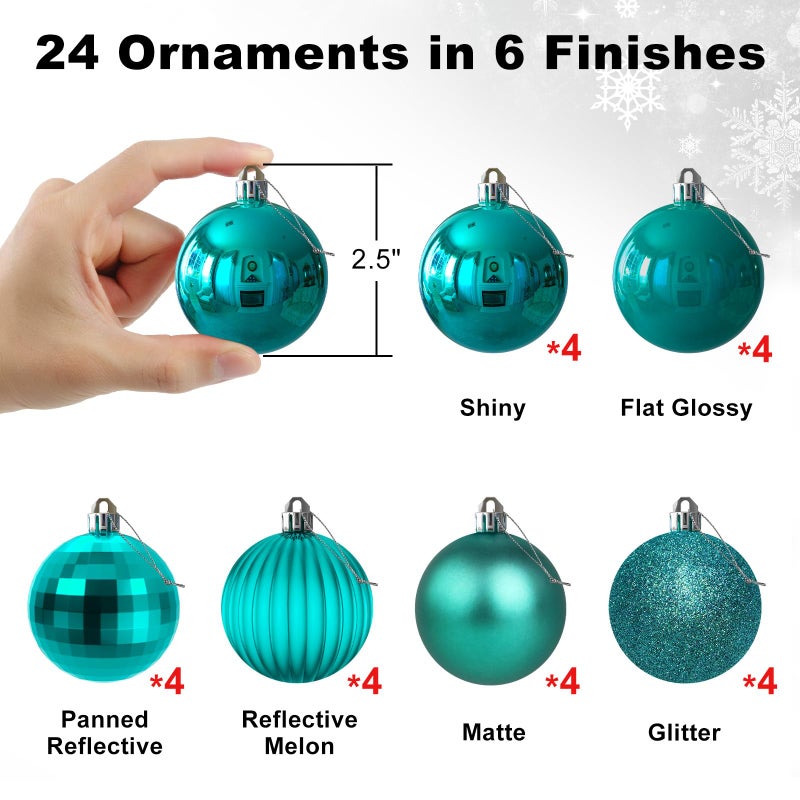 GameXcel Teal 2.5" Christmas Balls Christmas Tree Decoration Ornaments Shatterproof Hanging Balls for Birthday Halloween Holiday Wedding Decorations Set of 24pcs - Image 2