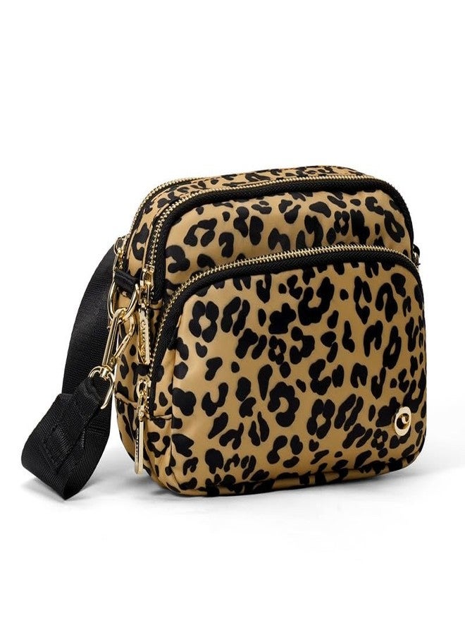 Caitina Wristlet Wallets for Women Nylon Crossbody Bum Bag with 4 Zippers Checkered Wristlet Purse with Adjustable Strap Brown Leopard - Image 1