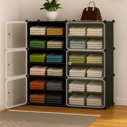 AYSIS Portable Collapsible Wardrobe for Clothes Storage 𝟏𝟐 𝐒𝐡𝐞𝐥𝐟 & 𝟔 𝐃𝐨𝐨𝐫𝐬 – Cloth Organizer Cupboard/Multipurpose Storage/Closet for Bedroom/Living Room/Laundry Room - 𝐁𝐥𝐚𝐜𝐤 - Image 1