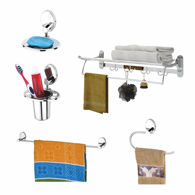 GLOXY Set of 5 Stainless Steel Bathroom Accessories and Fittings Folding Towel Rack Towel RodBars Soap HolderDish ToothbrushTumbler Holder and Towel RingNapkin Holder - Image 1