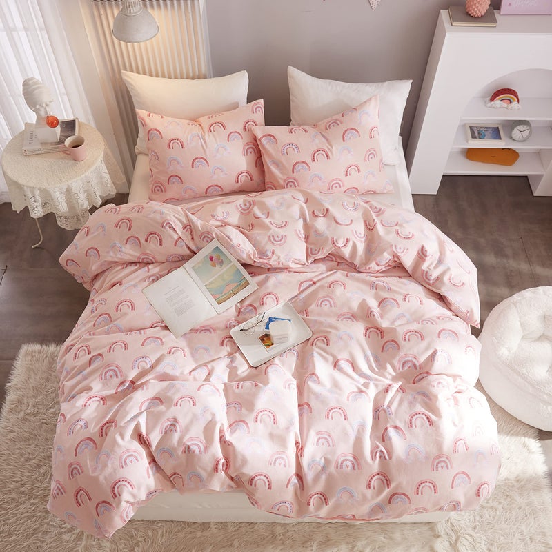 Ivellow Twin Duvet Cover Bed Set 100% Cotton Rainbow Pink for Girls Cute Kawaii Bedding Set 3 Pcs Ultra Soft Breathable Toddler Teen Kids Patterned Cartoon Comforter Cover. - Image 2