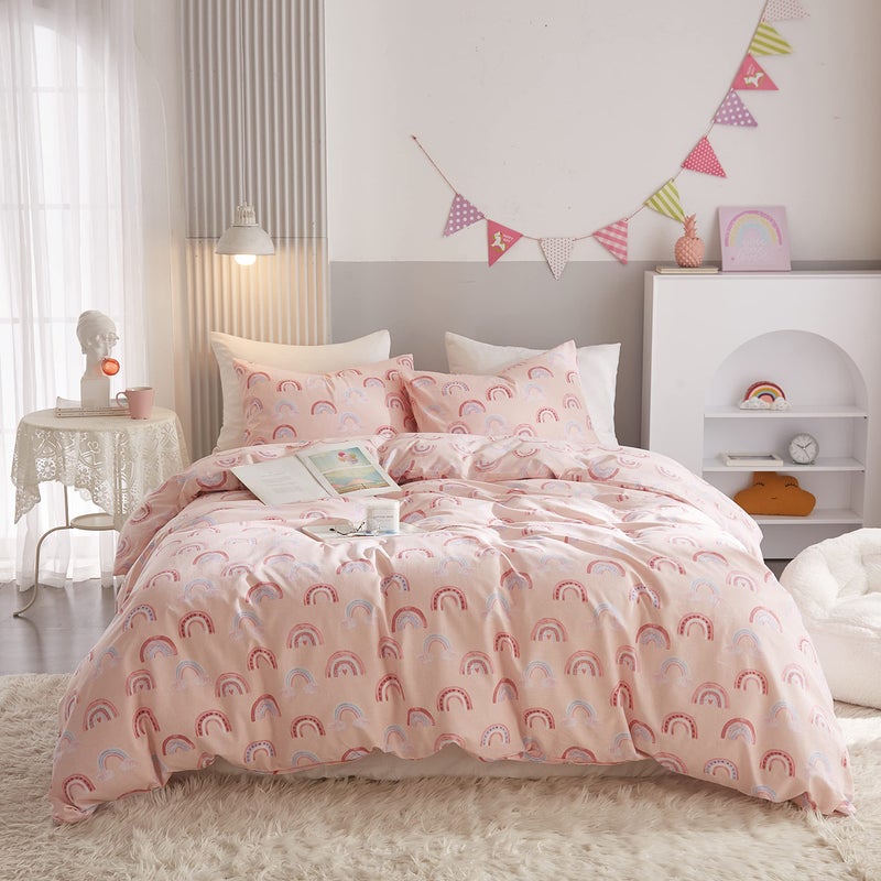 Ivellow Twin Duvet Cover Bed Set 100% Cotton Rainbow Pink for Girls Cute Kawaii Bedding Set 3 Pcs Ultra Soft Breathable Toddler Teen Kids Patterned Cartoon Comforter Cover. - Image 1