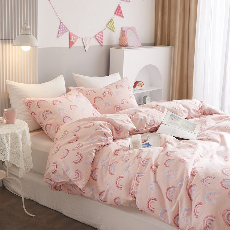 Ivellow Twin Duvet Cover Bed Set 100% Cotton Rainbow Pink for Girls Cute Kawaii Bedding Set 3 Pcs Ultra Soft Breathable Toddler Teen Kids Patterned Cartoon Comforter Cover. - Image 3