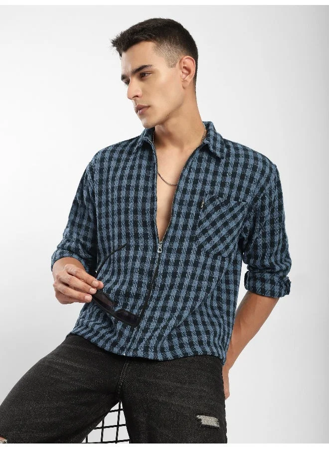 Beyoung Blue Zipper Cotton Flannel Shacket