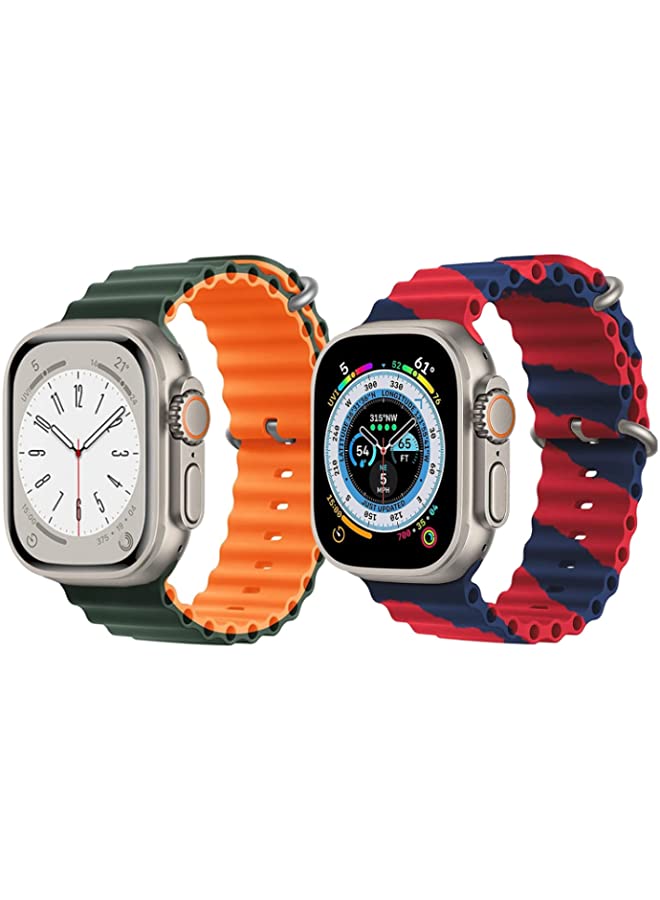 IAF Silicone Ocean Band Strap for Apple Watch Ultra 8 49mm Green/Orange Double Side Strap with Red/Blue Double Line Strap Set of 2