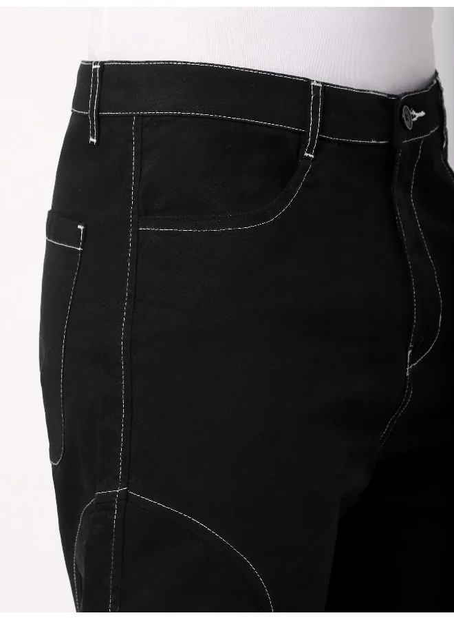 Beyoung Black Cut And Sew Contrast Stitch Cargo Pants