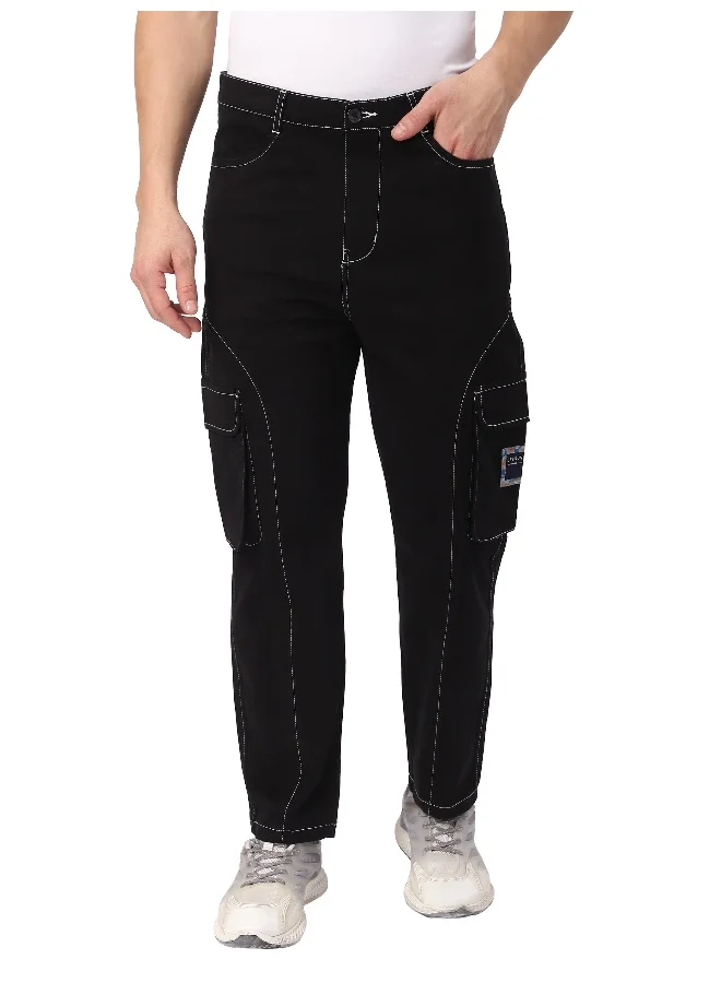 Beyoung Black Cut And Sew Contrast Stitch Cargo Pants