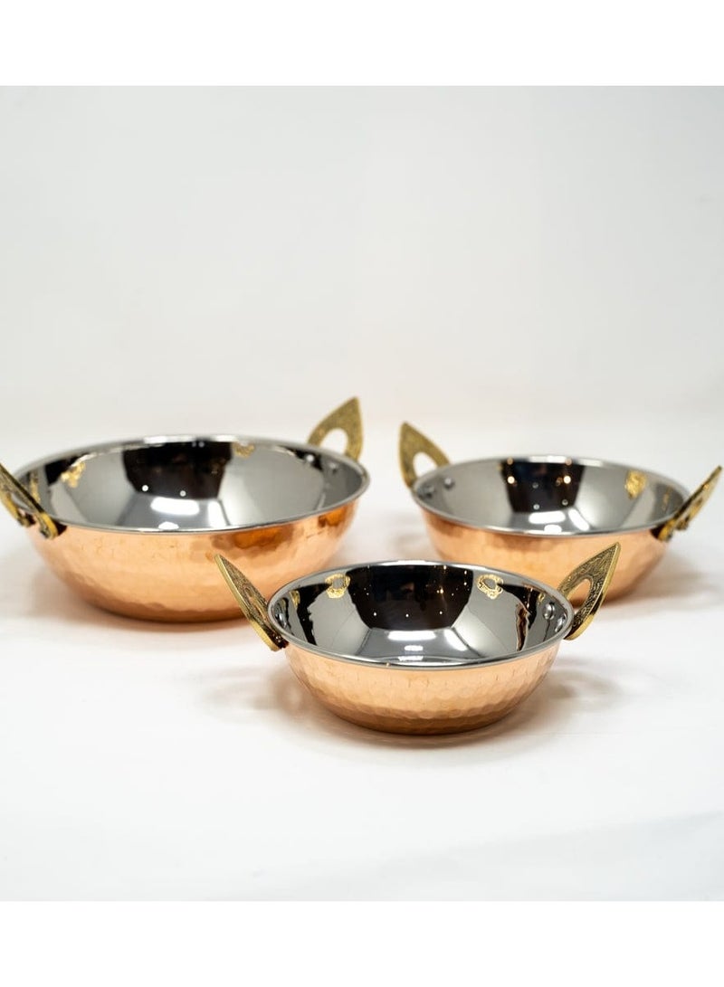 Royal Heritage Handcrafted Authentic Indian Copper Kadhai Pan 3 Pieces Sizes  20 cm 18 cm 16 cm - Image 2