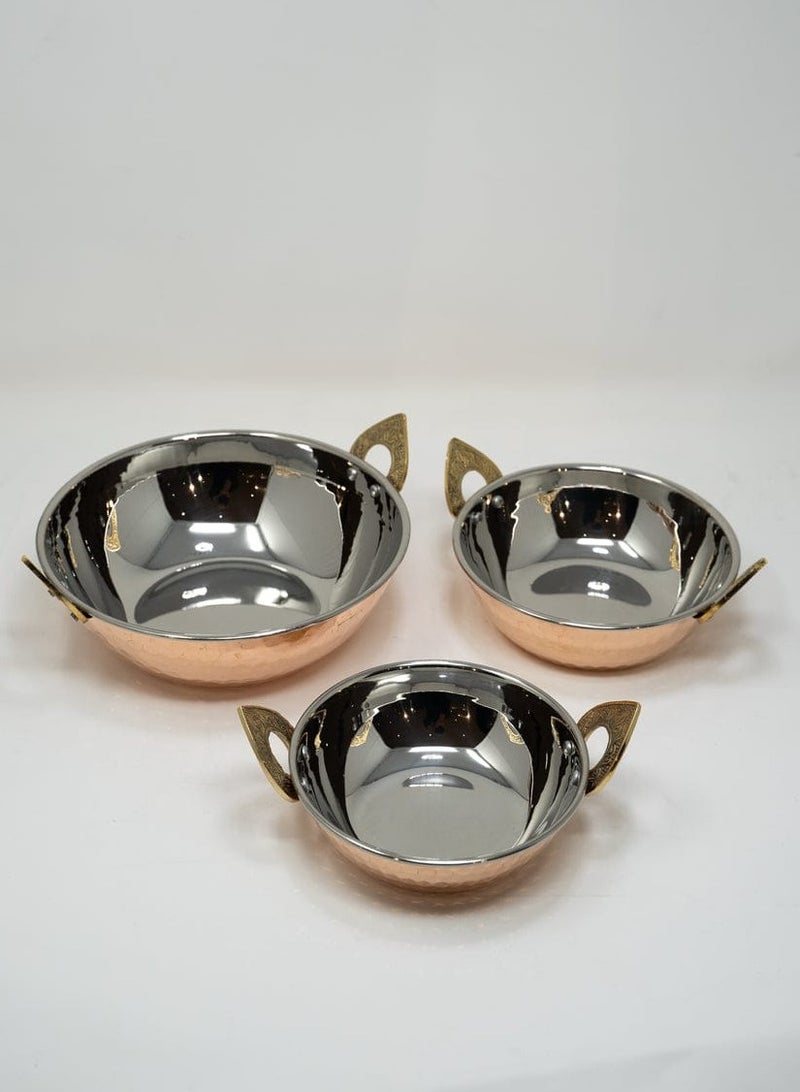 Royal Heritage Handcrafted Authentic Indian Copper Kadhai Pan 3 Pieces Sizes  20 cm 18 cm 16 cm - Image 3