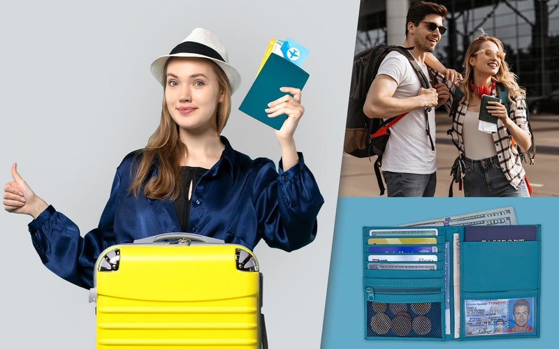 123 Cheap Checks Teal RFID Genuine Leather Passport Wallet - Image 5