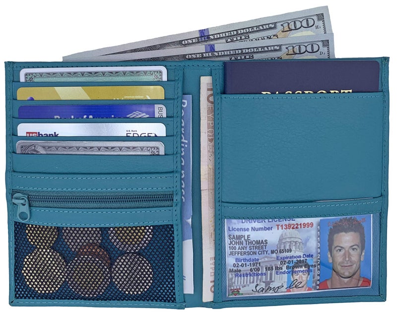 123 Cheap Checks Teal RFID Genuine Leather Passport Wallet - Image 3