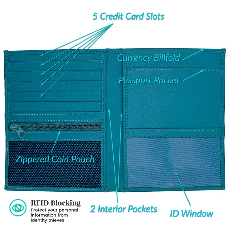 123 Cheap Checks Teal RFID Genuine Leather Passport Wallet - Image 2