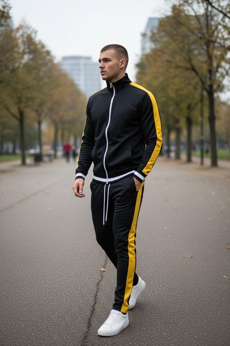 SCREENSHOT Men's Athletic Fitness Slim Fit Workout Track Pants BASIC S41700-Black/Yellow-Medium - Image 2