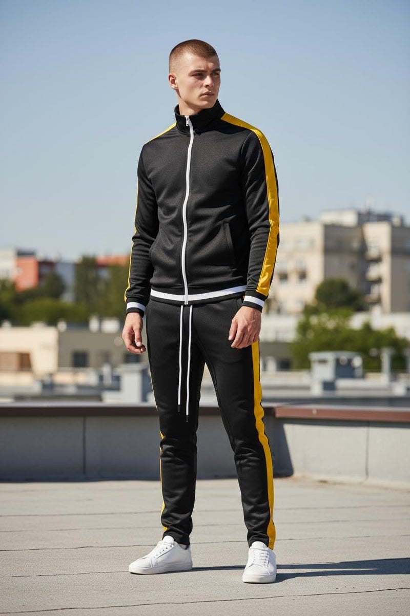 SCREENSHOT Men's Athletic Fitness Slim Fit Workout Track Pants BASIC S41700-Black/Yellow-Medium - Image 3