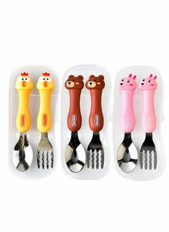 KASTWAVE Toddler Utensils Set 3PCS Kids Cutlery Sets Children's Portable Tableware Spoon & Fork Set with Plastic Case 304 Stainless Steel BPA Free Dishwasher Safe (Chicken, Bear, Bunny)  - Image 1