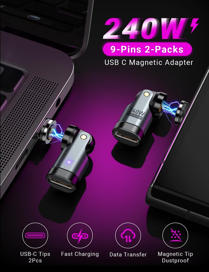 VAFOTON USB C Magnetic Adapter PD 240W(3Pack), 9PIN USB C 90 Degree Adapter/C Right Angle Adapter/180 Degree C Connector/C to C Adapters for 1Phone 17/16/15, Ma-Book Pro/1Pad Series, Samsung Galaxy Series - Image 2