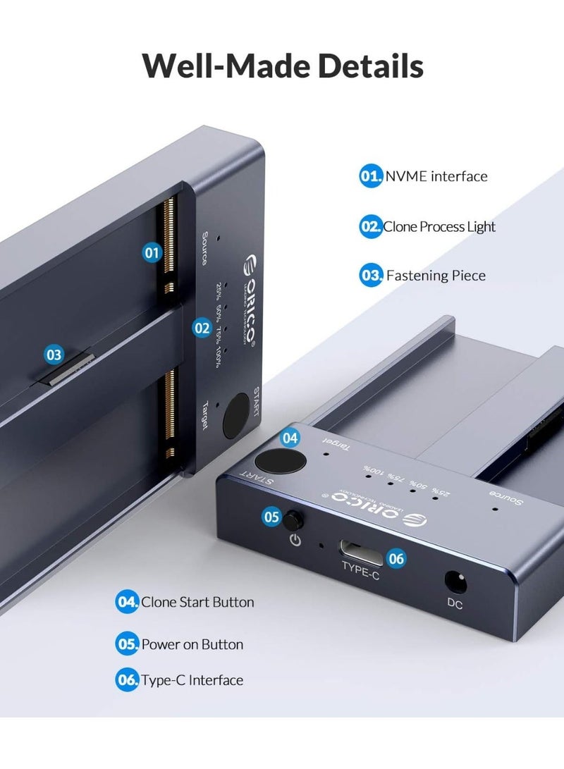 ORICO M.2 NVMe Cloner Dual-Bay NVMe Docking Station USB C to NVMe SSD Enclosure Aluminum M.2 Duplicator Offline Clone for PCIe M-Key SSDs max to 8TB Tool Free-M2P2 - Image 2