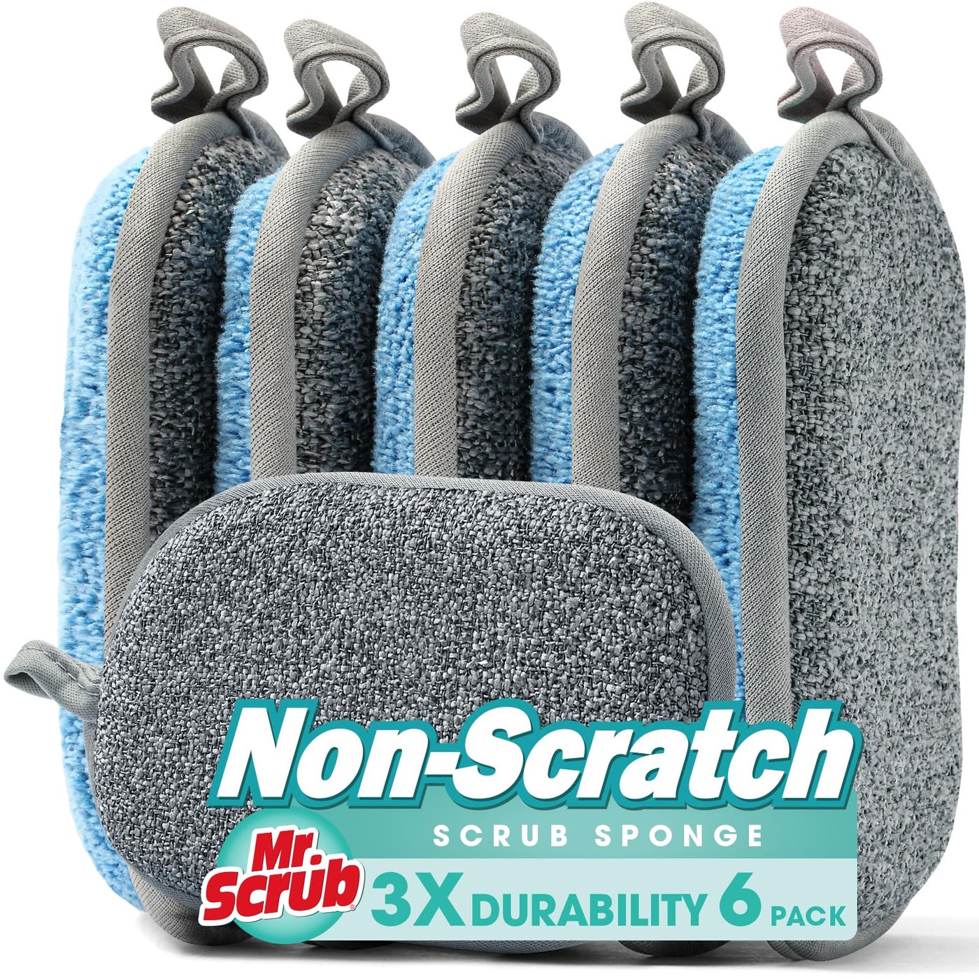 MR. SCRUB Sponges Kitchen Dish Sponge for Washing Dishes Cleaning Kitchen, All-Purpose, 6 Pack, Non Scratch, Rough Scrubbers Side for Non-Stick Cookware, Soft Microfiber Scrub Side for Dishes, Mr. Scr