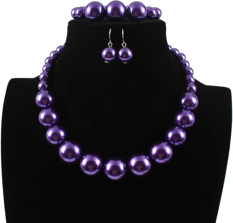 KOSMOS-LI Women's Large Big Simulated Pearl Statement 19" Necklace Bracelet and Earrings Jewelry Set Stocking Stuffers - Image 2