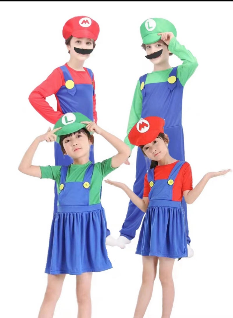 MissTiara Super Mario Cosplay Costume M Size Costume Children 3-4 4-5 5-6 6-7 7-8 9-10 Mario Costume Boys Girls Set Fancy Dress Up Romper Children Boys Girls Hats Beard Cosplay Birthday Party Green /Blue  - Image 4