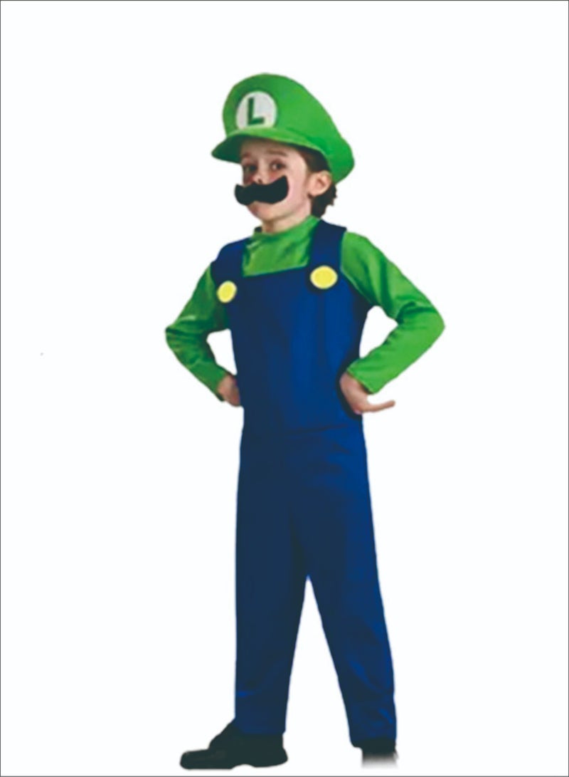 MissTiara Super Mario Cosplay Costume M Size Costume Children 3-4 4-5 5-6 6-7 7-8 9-10 Mario Costume Boys Girls Set Fancy Dress Up Romper Children Boys Girls Hats Beard Cosplay Birthday Party Green /Blue  - Image 1
